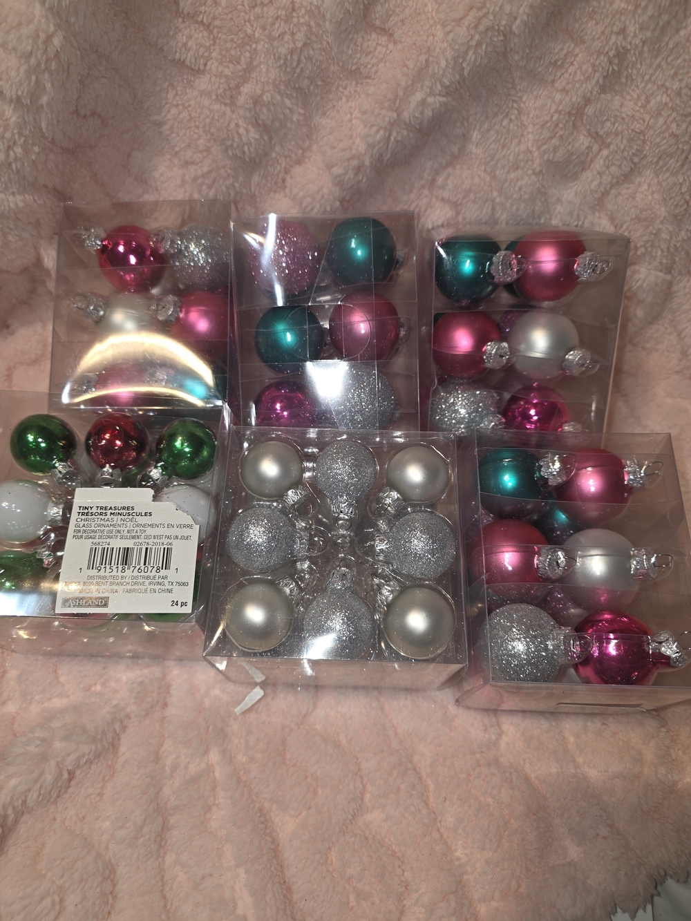 Assorted Pink, Teal, Silver Christmas Ornaments - 24 Pack